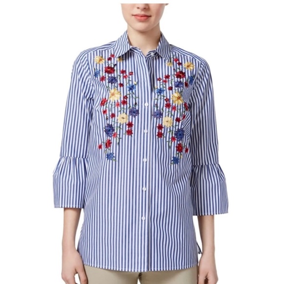 Charter Club Blue Striped Floral Button Down Blouse - Picture 2 of 6